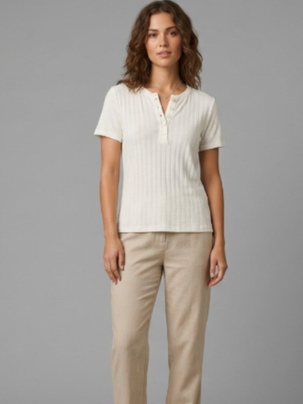 Three Dots Shell Button Henley Tee White Pointelle Short Sleeve Size S NWT